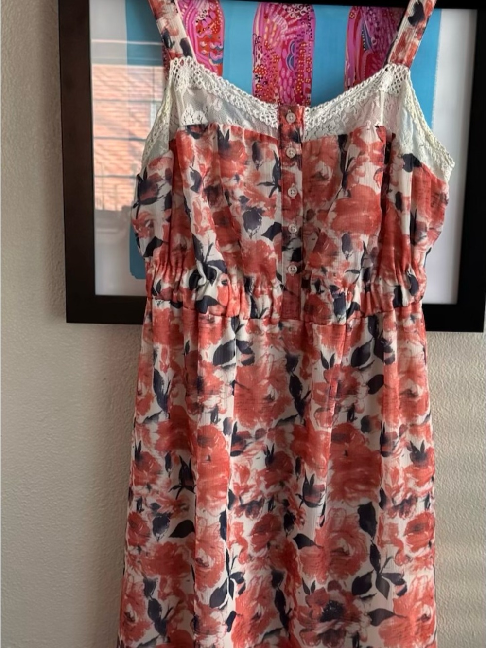 Floral Coral and Navy Summer Sundress with Lace Trim